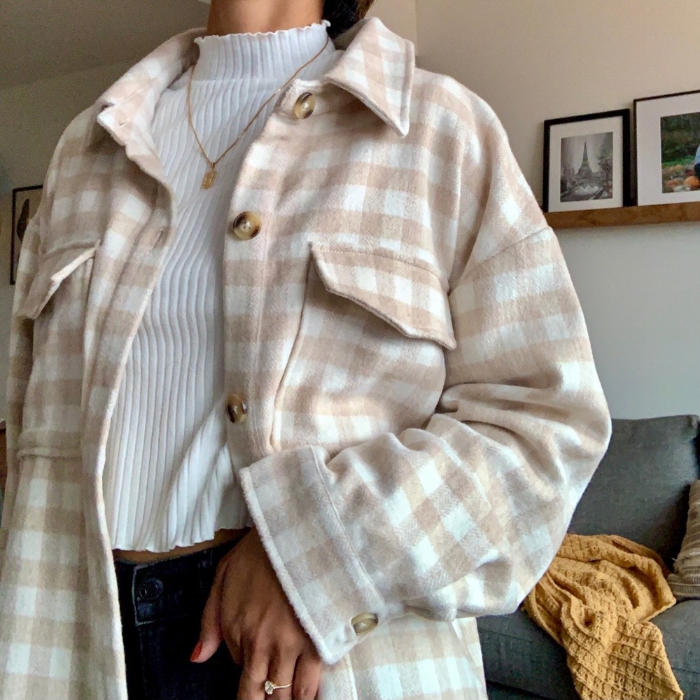 Beige/White Plaid Flannel Button Down Shacket